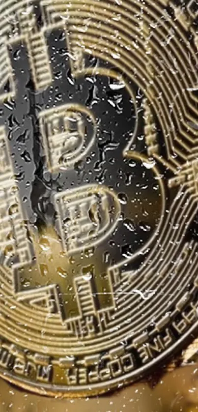 Close-up of a gold Bitcoin coin with raindrops on a digital wallpaper.