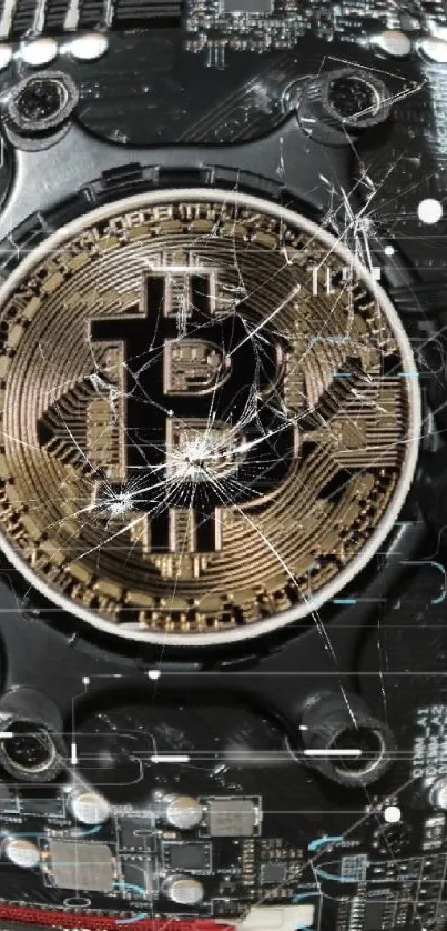 Bitcoin symbol on a tech circuit board wallpaper.