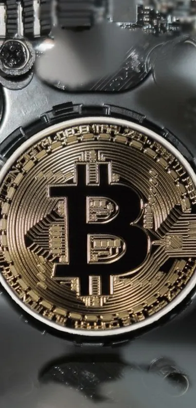 Close-up of a gold Bitcoin symbol on a circuit board, emphasizing digital currency.