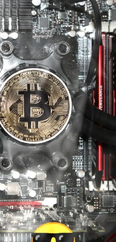 Bitcoin symbol on a circuit board wallpaper with tech elements.