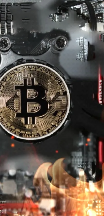 Bitcoin logo on motherboard with fiery effect.