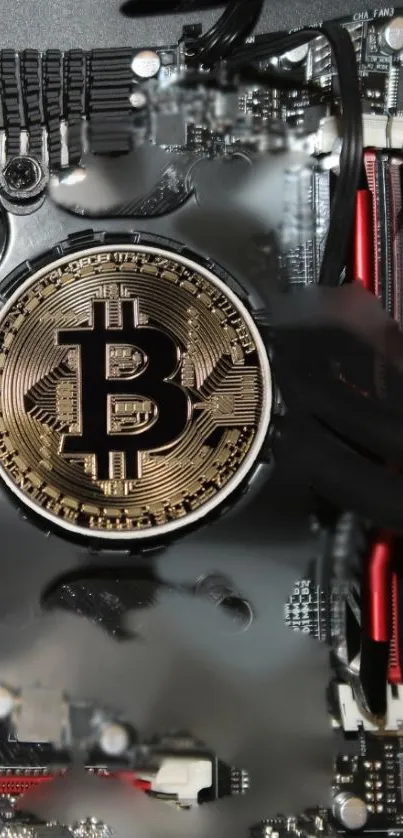 Bitcoin emblem on circuit board, tech-themed wallpaper.