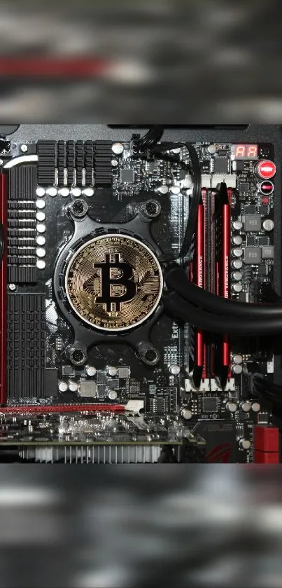 Bitcoin circuit board with intricate cryptocurrency design.