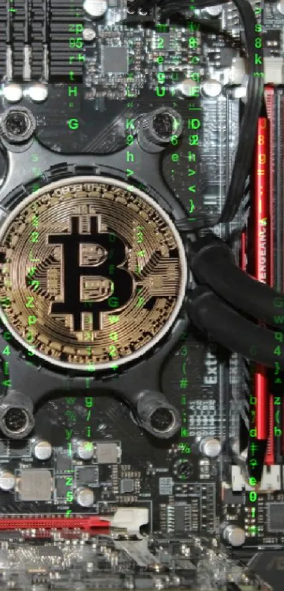 Bitcoin-themed motherboard wallpaper with detailed circuit design.