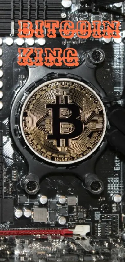 Bitcoin coin on motherboard wallpaper with dark tech theme.