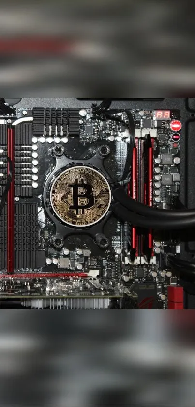 Bitcoin logo on tech circuit board wallpaper.