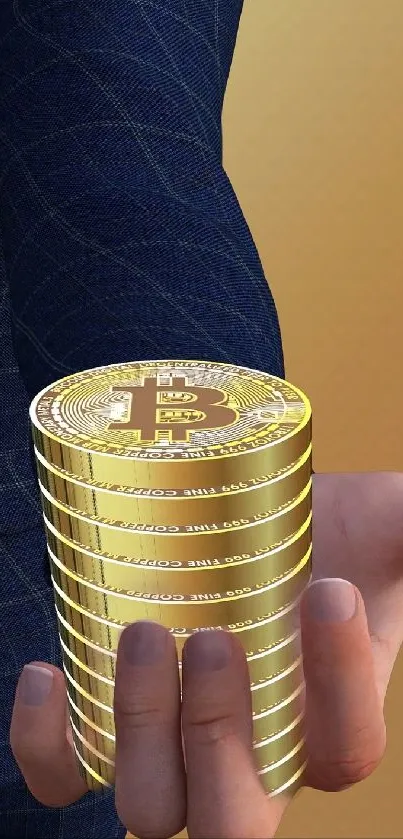 Person in suit holding a stack of Bitcoin coins with gold background.