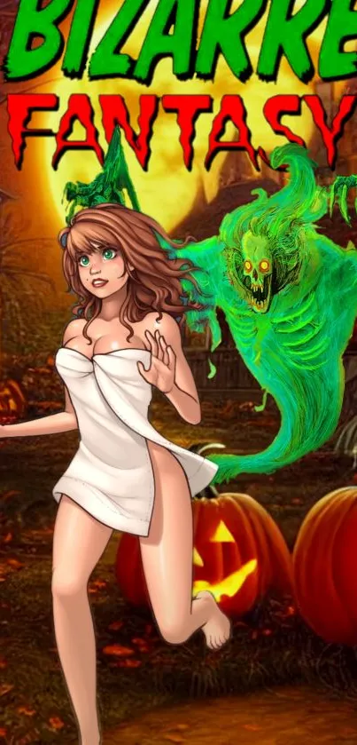 Fantasy Halloween art with ghostly creature and pumpkins.