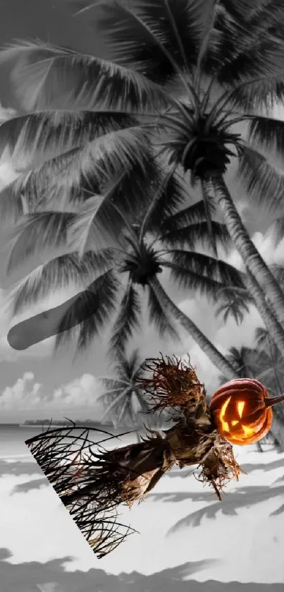 Orange pumpkin-headed witch flies over grayscale beach and palms.