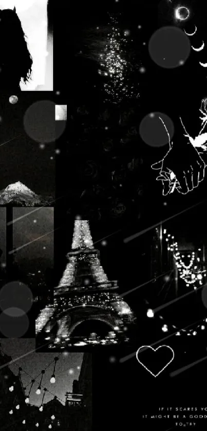 Black and white aesthetic collage with moon, Eiffel Tower, and romantic scenes.