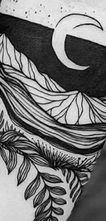 Black and white mountain design with a crescent moon and leaves on a mobile wallpaper.