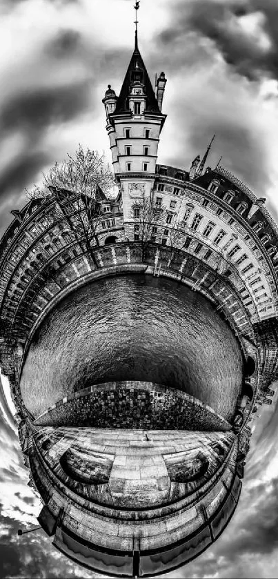 Black and white tiny planet wallpaper with dramatic clouds.