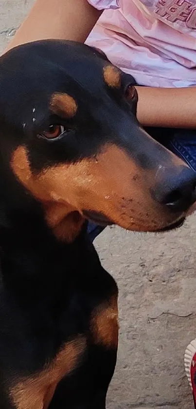 Close-up of a black and brown dog with a person in the background.