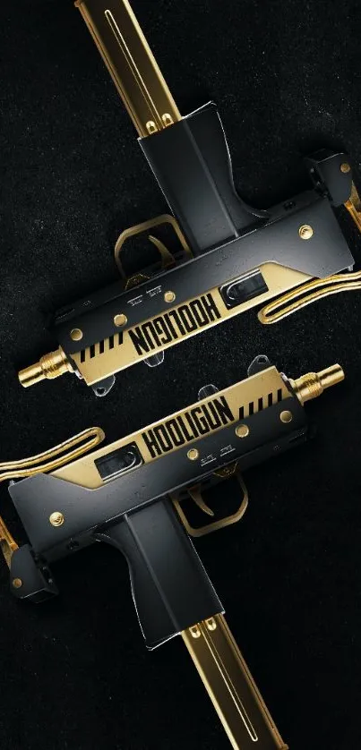 Black and gold gun design on dark background wallpaper.