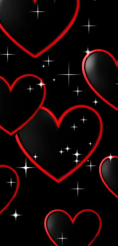 Black hearts with red outlines on black background.