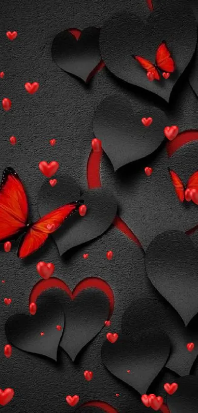 Black and red heart wallpaper with butterflies.