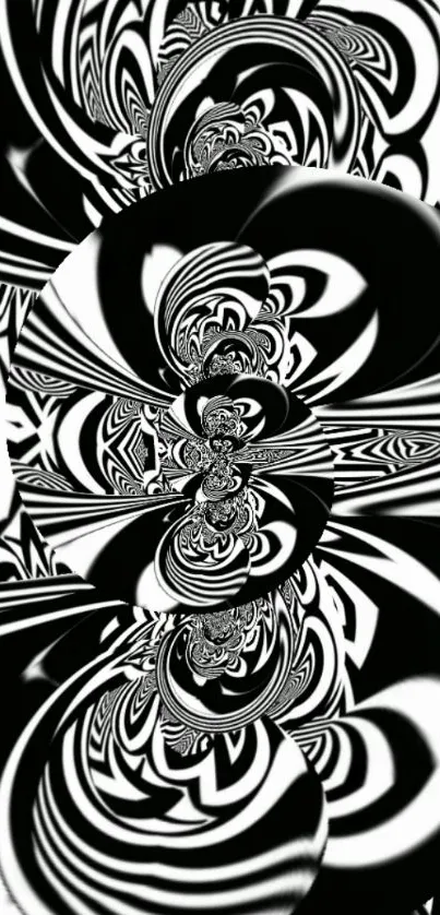 Black and white abstract swirling wallpaper with intricate design.