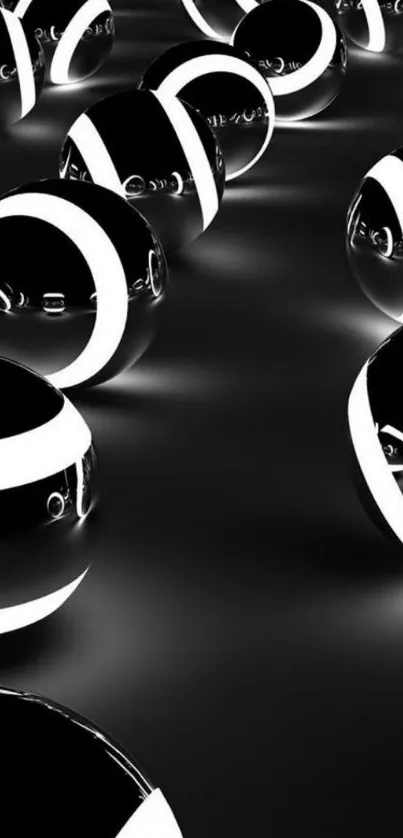 Black and white abstract 3D spheres wallpaper with glossy finish.