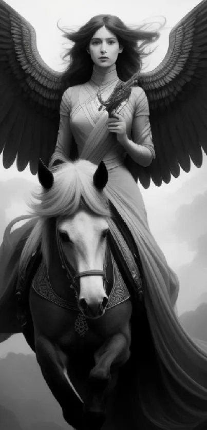 Fantasy angel on horseback in black and white art.