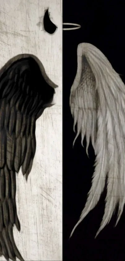 Black and white wallpaper with angel wings.