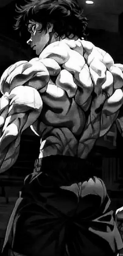 Muscular anime character in grayscale art.