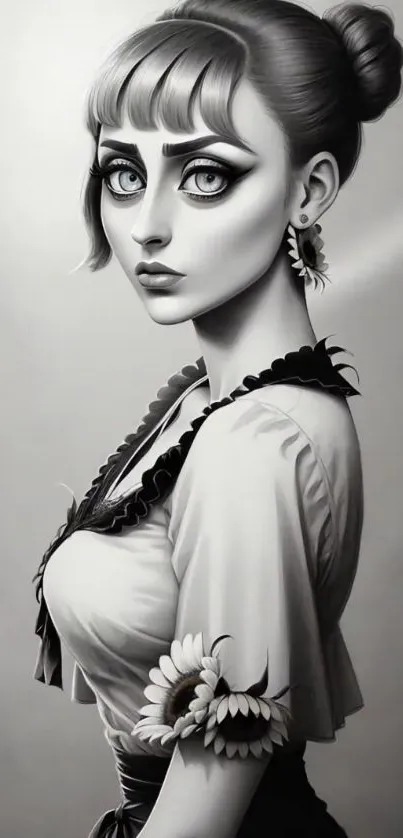 Elegant black and white art portrait with sunflower accent.