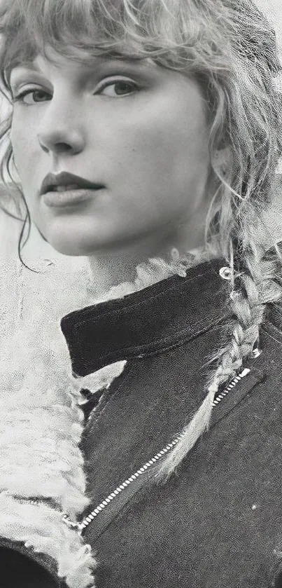 Black and white portrait with textured jacket.