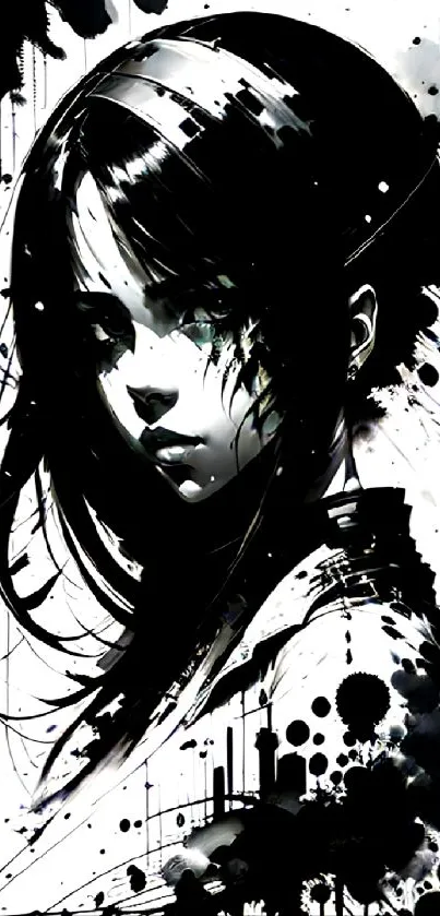 Stylized black and white portrait wallpaper, artistic and expressive ink design.