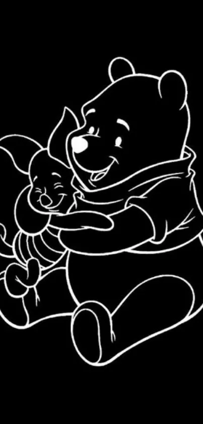 Black and white bear hugs bunny on dark background.