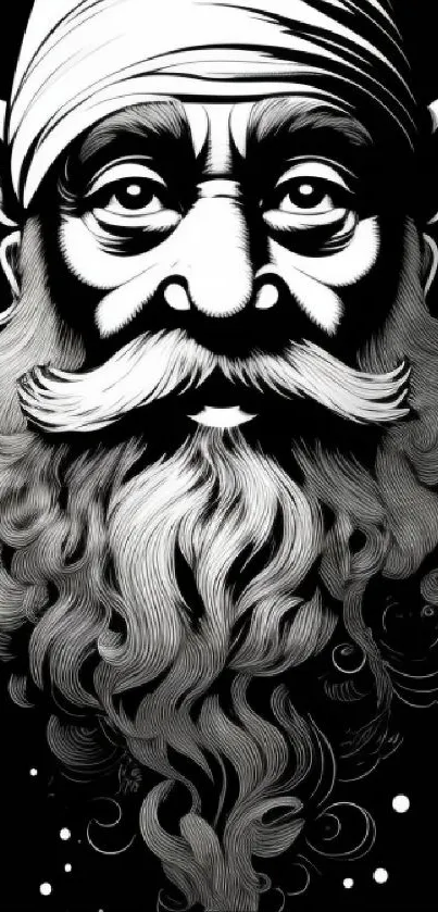 Black and white illustration of a bearded gnome character.