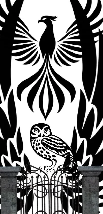 Black and white wallpaper with phoenix and owl design.