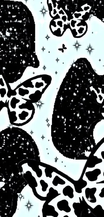 Black and white butterfly wallpaper with stars.