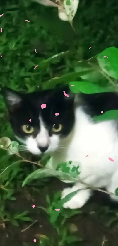 Adorable black and white cat with green leaves and pink petals.