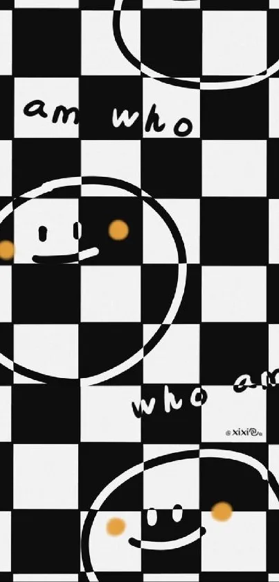 Black and white checkered wallpaper with smiley face art.