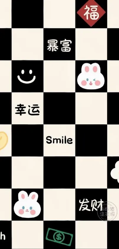 Black and white checkered wallpaper with cute icons and positive words.