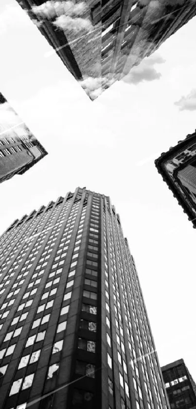 Black and white cityscape with towering skyscrapers viewed from below.