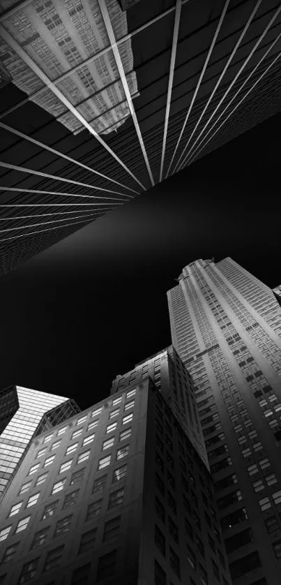 Black and white cityscape showing towering skyscrapers.