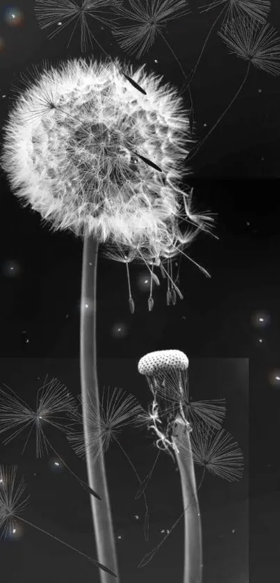 Black and white dandelion seeds on a dark background wallpaper.