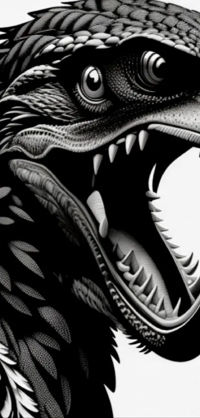 Black and white dinosaur illustration, fierce and detailed.