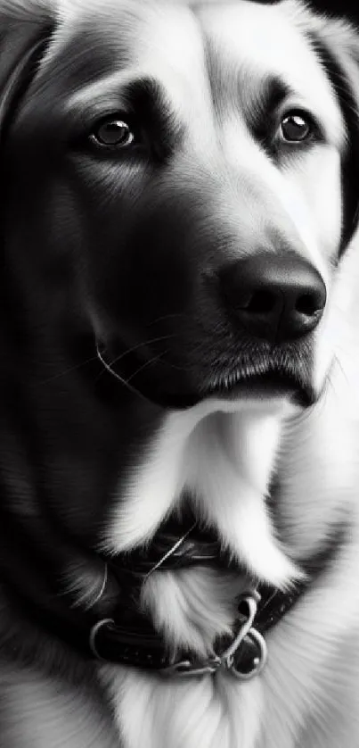 Black and white dog portrait with a focused expression, perfect for mobile wallpaper.