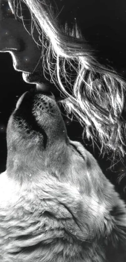 Monochrome wallpaper of girl and dog touching noses.