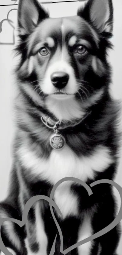 Artistic black and white dog with heart designs, ideal wallpaper.