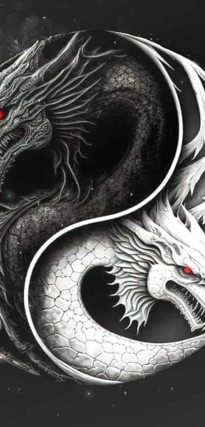 Black and white yin-yang dragon design wallpaper.