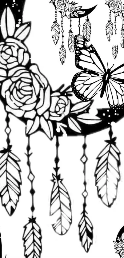 Black and white dreamcatcher with roses and butterfly design.