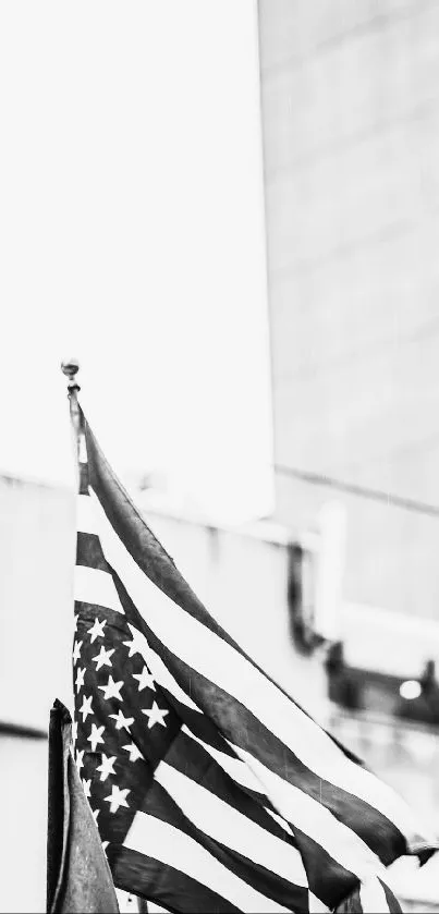 Black and white American flag wallpaper with urban background.