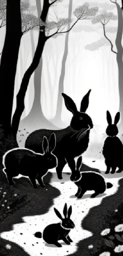 Black and white forest with rabbits in silhouette.