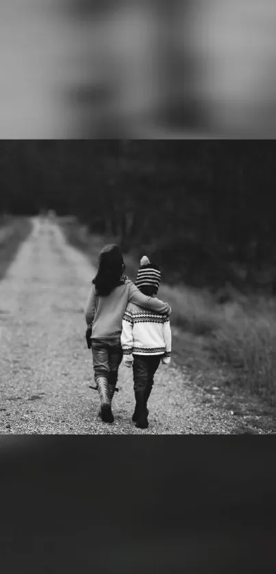 Two friends walk on a forest path in monochrome.