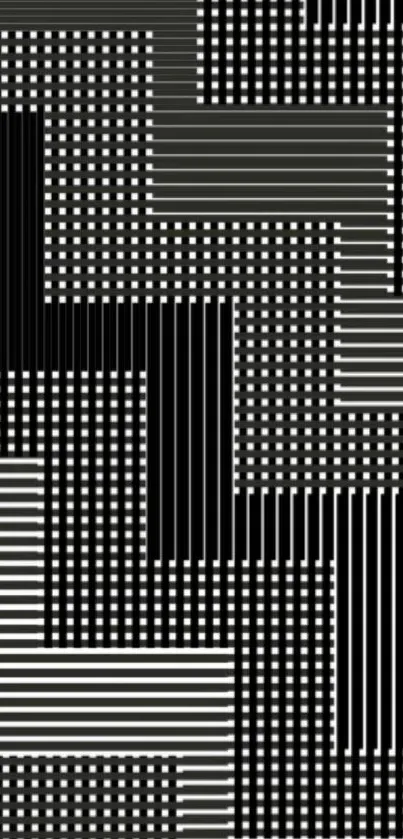 Black and white geometric pattern with lines and dots, stylish mobile wallpaper.