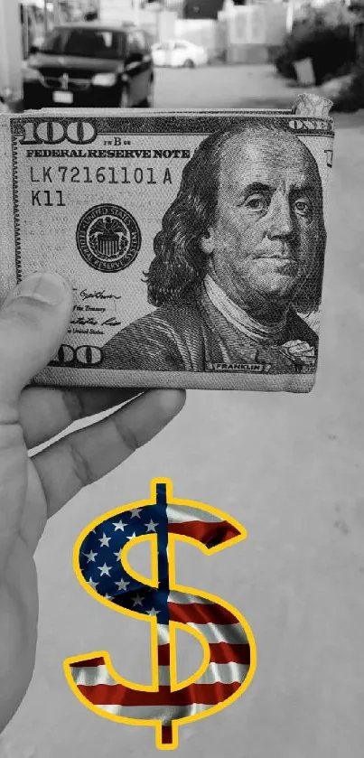Hand holding dollar wallet with colorful dollar sign on street background.
