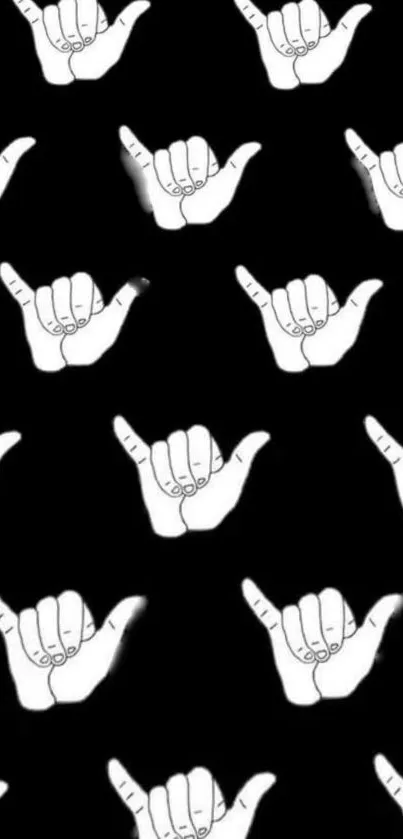 Black wallpaper with repeated white hand gesture pattern.